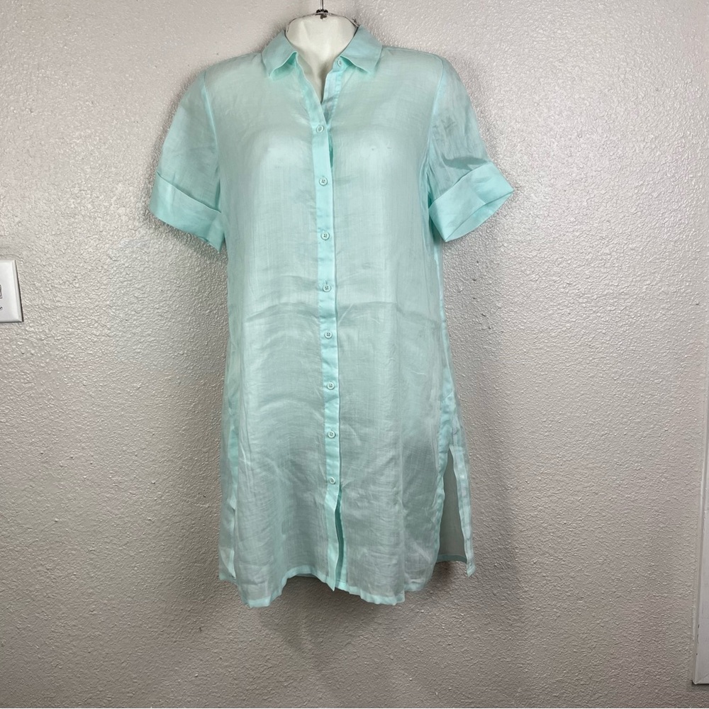 Chico’s Grosgrain Trim Tunic Top Shirt Dress Sz 2 US Large Sheer‎ Aqua Beach